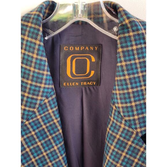 Ellen Tracy VTG Wool Blazer Jacket 6 Navy Chartreuse Micro Tartan Plaid Classic - Picture 4 of 10